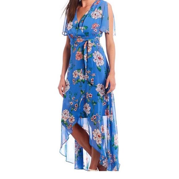 Jessica Howard Dresses & Skirts - Jessica Howard Blue Floral Maxi Wrap Dress 14W Asymmetrical Ruffle Lined